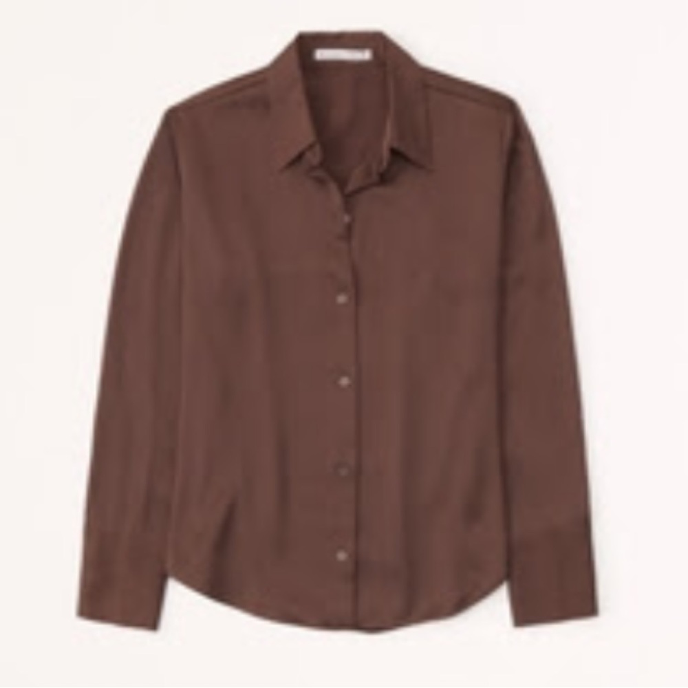 A&F Long-Sleeve Satin Button-Up Shirt in Brown